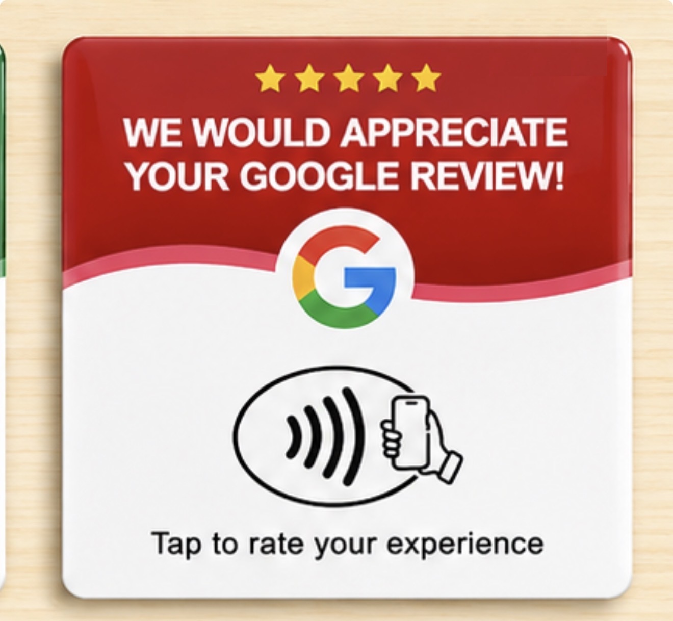 NFC adhesive review plate — tap to rate your experience