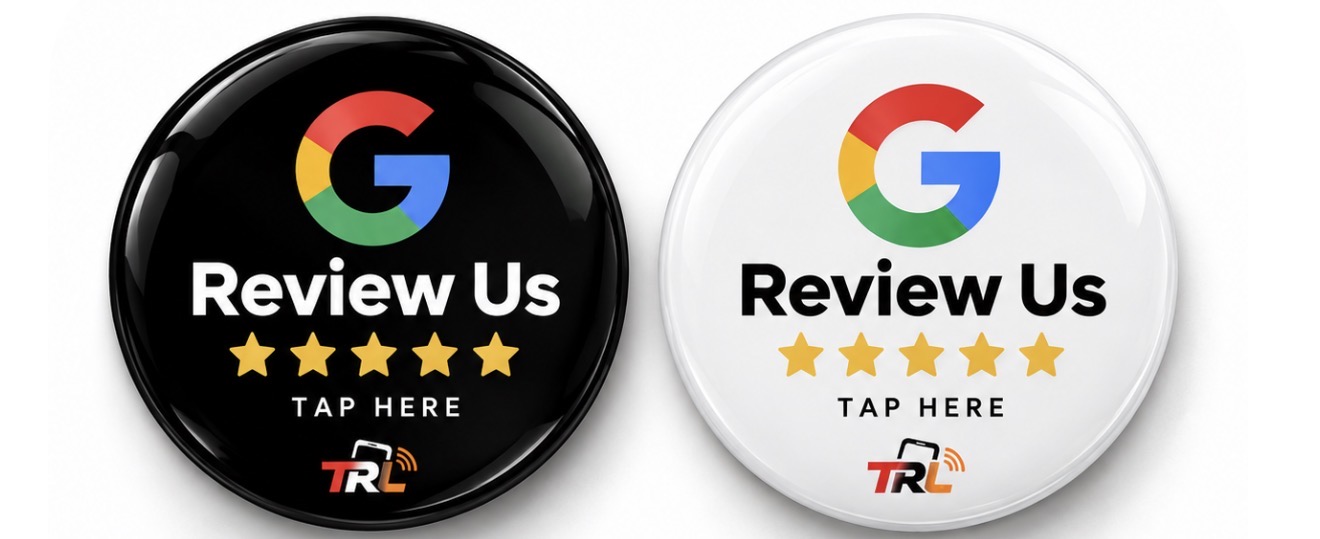 Small round NFC Google review plates in black and white — tap here